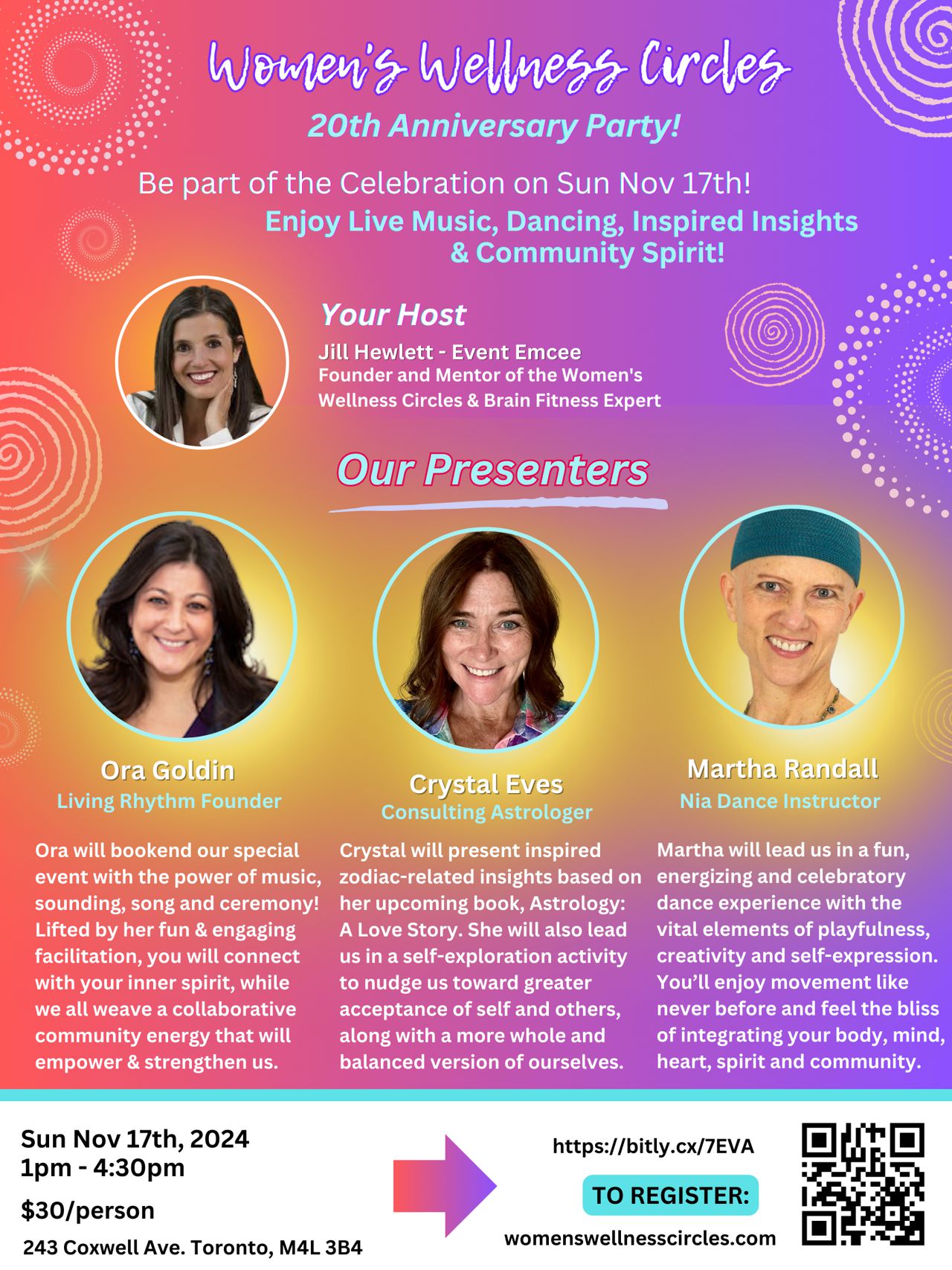 Women’s Wellness Circle 20th Anniversary Party! Sunday, November 17th, 2024 Join us for a fun, uplifting and powerful Circle Celebration infused with Music, Inspired Insights, Dancing and Community Spirit. 